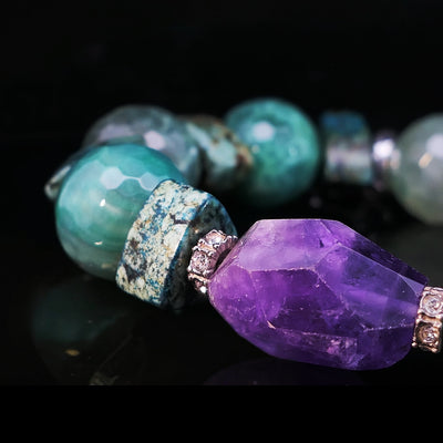 Kette | Edelsteinkette | Kette mit grünen Achatkugeln | Kette mit dreieckigen Türkisen | Kette mit lila Amethyst Nugget | OCEAN Nugget Collier | CAPULET Schmuck Werkstatt München