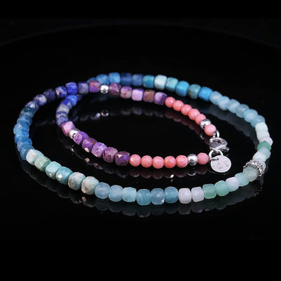 Kette | bunte Edelsteinkette | Kette mit Farbverlauf | Kette mit Silber Ronde und Zirkonia | Farbverlauf Sunrise von hellblau bis corallrosa | OCEAN Kette Sunrise | CAPULET Schmuck Werkstatt München