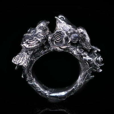 Ring mit Blüten Paradise | Ring mit Vögeln | Ring Silber | Ring gehämmert | CAPULET Schmuck Werkstatt München