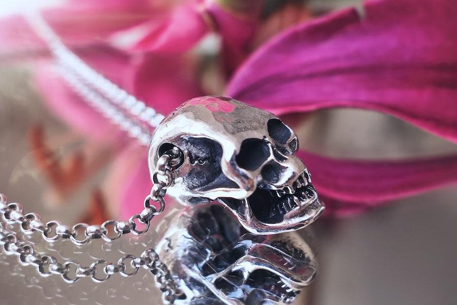 Sterling Silber Großer Kopf Totenkopf Kette Halskette